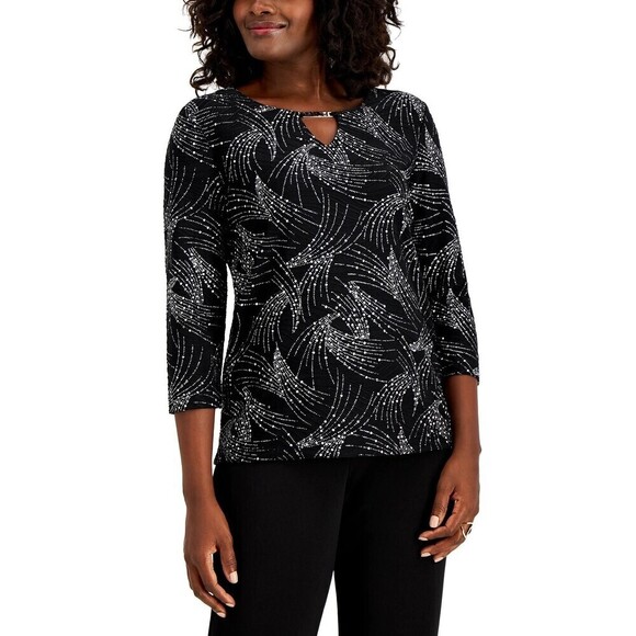 JM Collection Jacquard Rhinestone Keyhole Top Deep Black Cb S - Picture 1 of 2